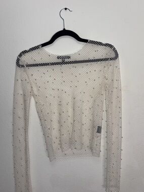Forever 21 Ivory Pearl-Embellished Mesh Top